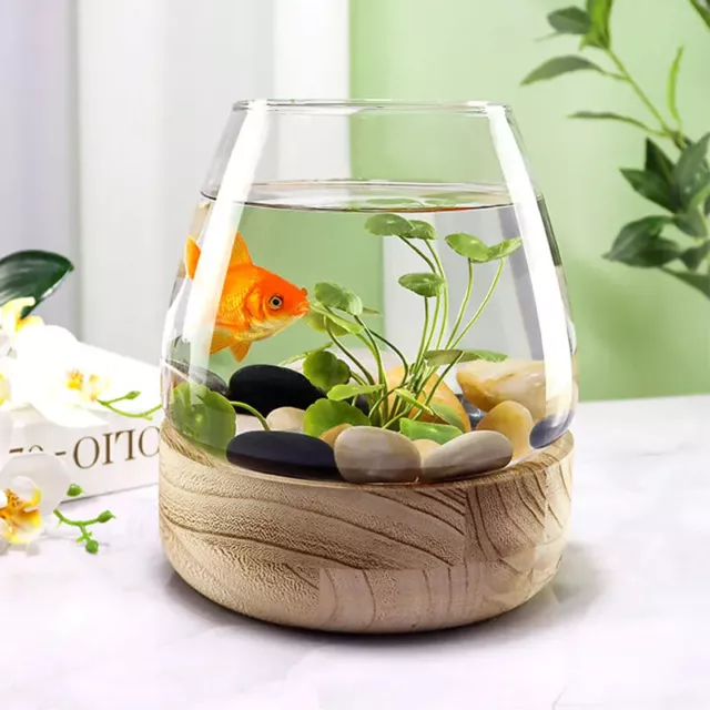 Aquarium Poisson Transparent Verre en Bois Plateau Circulaire Bureau Petit Rouge