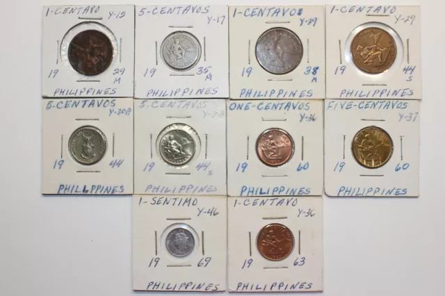 Lot Of 10 Philippines Coins - Centavos & Sentimo 1929 1935 1938 1944 1944S 1960