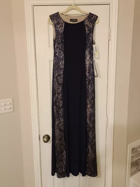 R&M Richards Sequined Lace Evening Dress with Sheer Inserts Navy Sz 4P