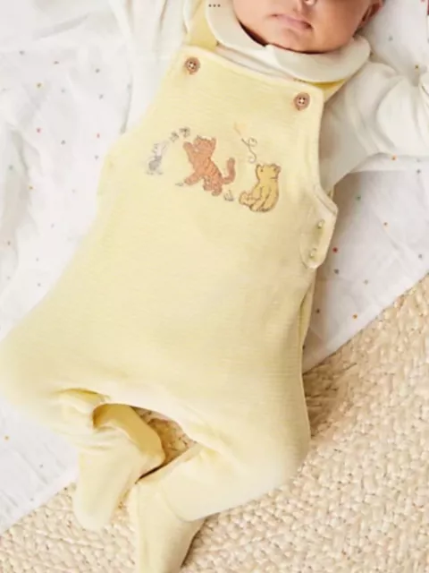 M&S New Baby Yellow Velour Dungarees Winnie The Pooh 1 Month Unisex Boys Girls