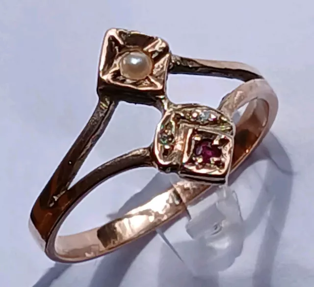 Antiker Rubin-Perlen Ring, England, Rotgold 375, mit Perle, 2 Diamanten, Gr. 56 2