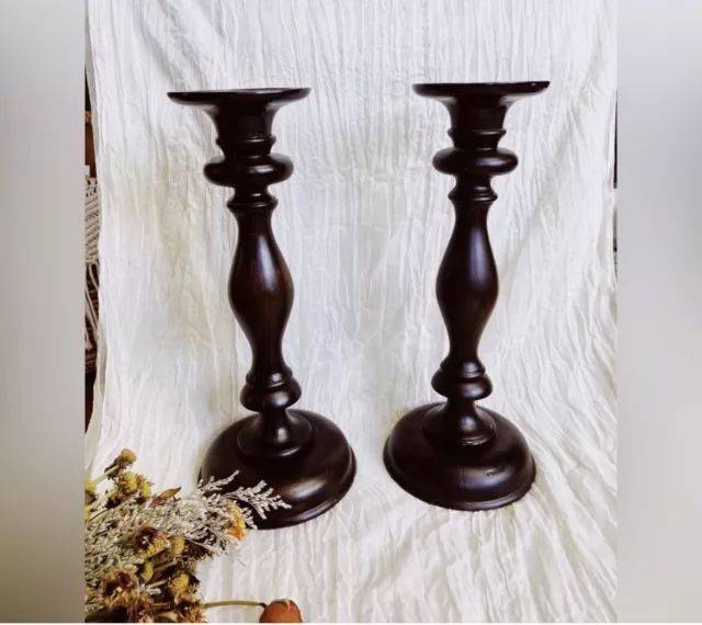 Pottery Barn Bougeoir Large Turned Wood Taper & Pillar Candle Holder Set