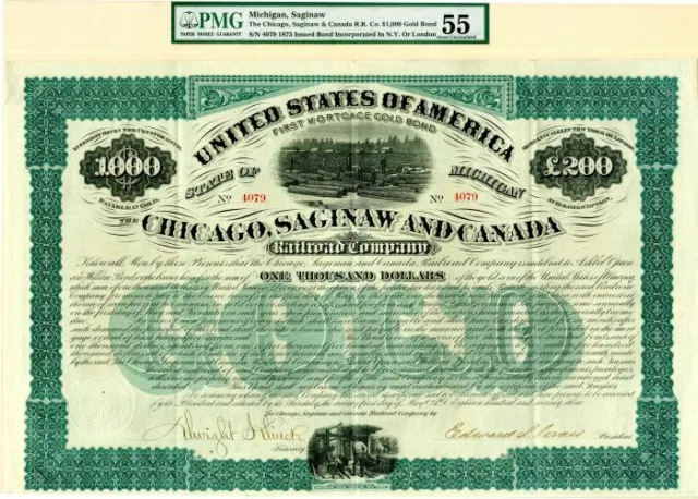 Chicago, Saginaw and Canada Railroad Co. - 1873 dated $1,000 Railway Bond - Rail