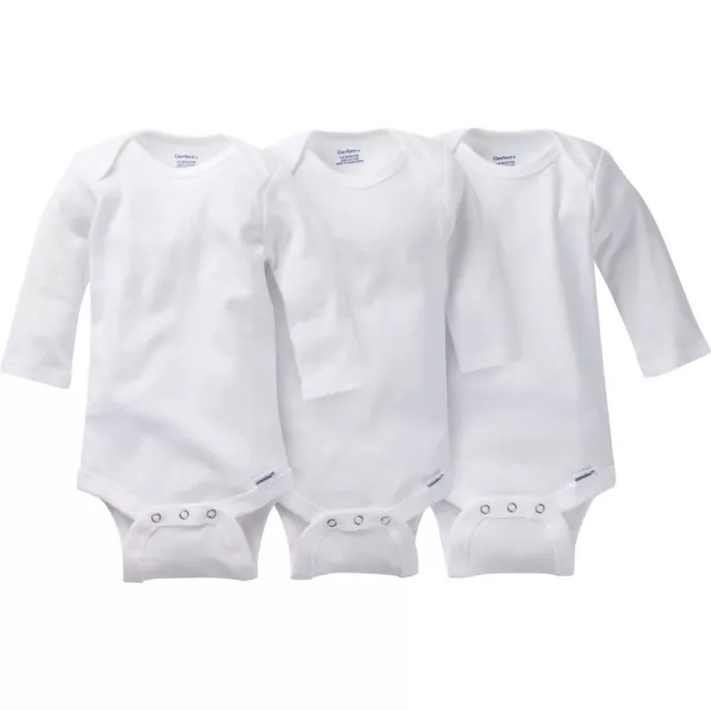 Gerber Long Sleeve Onesies Bodysuit White Snap 12 Month 3 Pack New w/ Tags