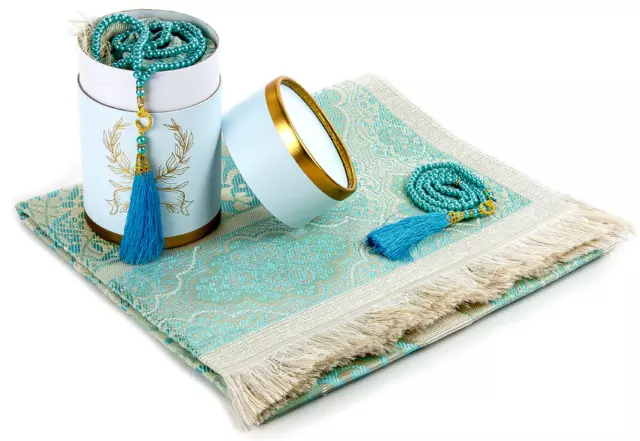 Islamic Soft Prayer Rug with Prayer Beads and Cylinder Box Janamaz Sajadah Blue