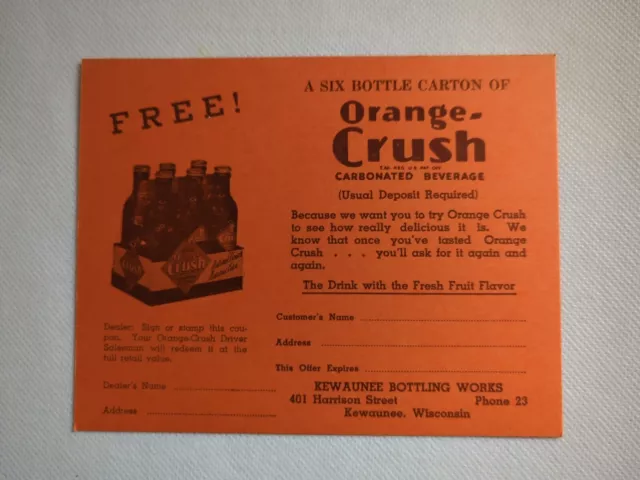 (VTG) 1930s Orange Crush Soda Pop 6 Pack Bottle Cardboard Coupon Sign Post Card