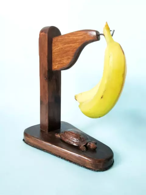 Vintage Mid Century Wooden Banana Hanger Hook Stand W/ Turtle Detail