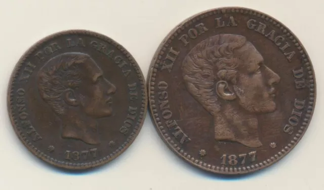 Spain: 1873-OM Alfonso XII 5 & 10 Centimos (2 Coins)
