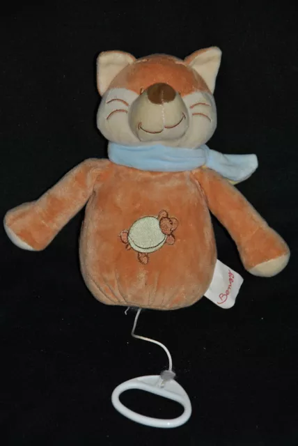 Peluche Doudou Renard BENGY Musical Tortue Brodée Echarpe Bleu & Jaune TBE