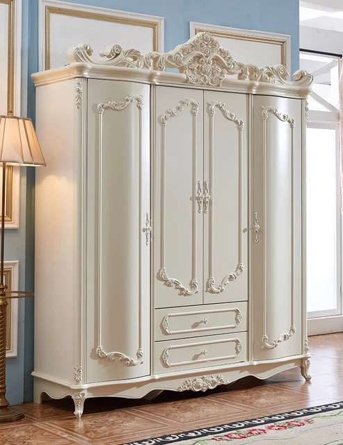 Classic Baroque Style Wardrobe Wood White With Drawers + Shelves + Rail 4 Doors