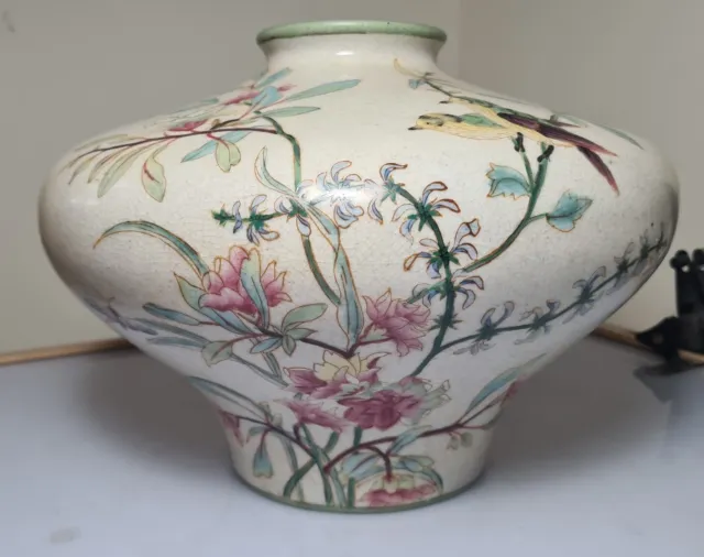 A Late 19th/Early 20thC Hand Painted Squat Meping Form Vase. Flowers, Birds.
