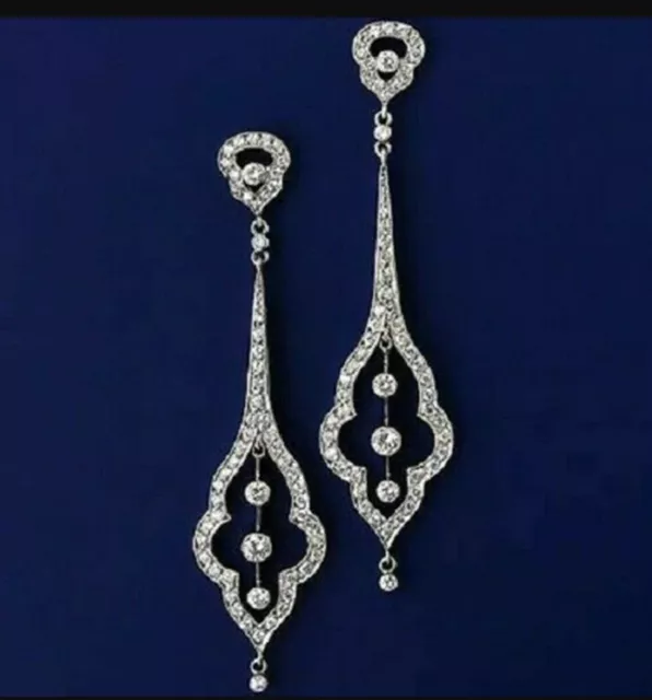 Art Deco Round Lab Created Diamond Drop Wedding 14K White Gold Filled Earrings