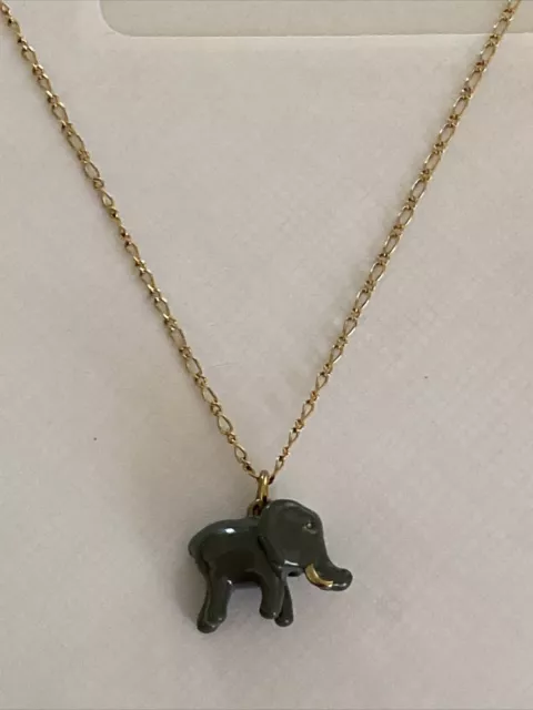 Signed J.CREW Gray Enamel Elephant Charm Pendant Necklace Gold Tone 26"