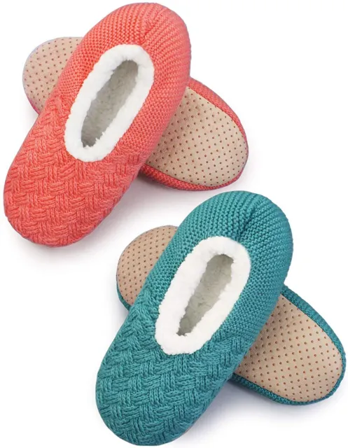 , 2 Pairs (Teal + Coral) - Soft Plush Lining - Non Slip Sole, Size Shoe-Size: 6-
