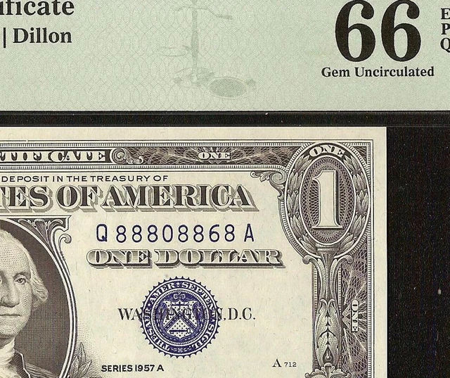 1957A $1 Dollar Bill Near Solid 88808868 Sn Silver Certificate Note Pmg 66 Epq
