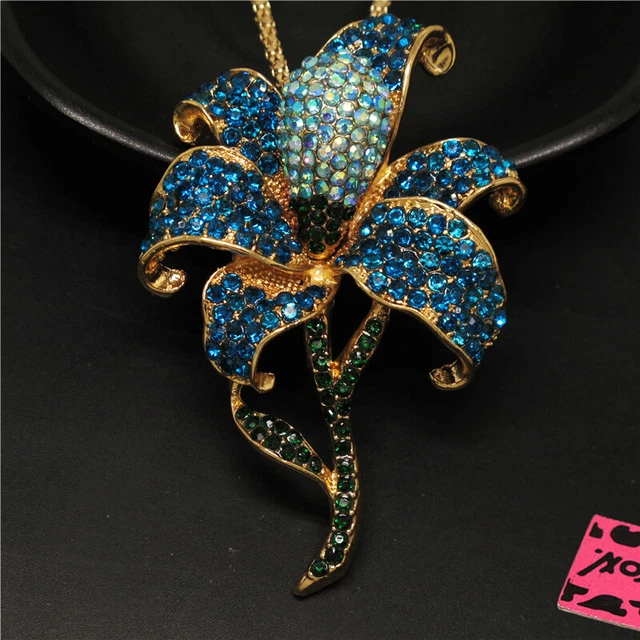 New Betsey Johnson Blue Bling Flower Rhinestone Crystal Pendant Chain Necklace 2