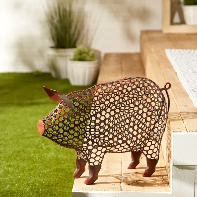 Unique Red Iron Cheer And Whimsy Chicken Wire Pig Sculpture Home Garden Decor