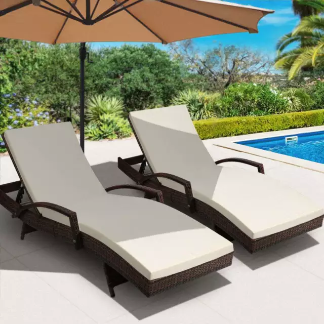 Gardeon 2PC Sun Lounge Wicker Lounger Outdoor Furniture Beach Chair Patio