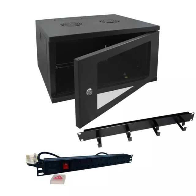 6u 550mm(D) 19" Black Wall Mounted Data Cabinet, c/w 6 way PDU & Management Bar