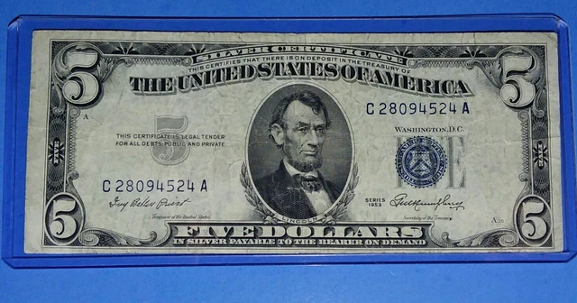 *1953 $5 Blue  Seal, Silver Certificate ! Note ! F. Circ. ! Old Us ! Nice !