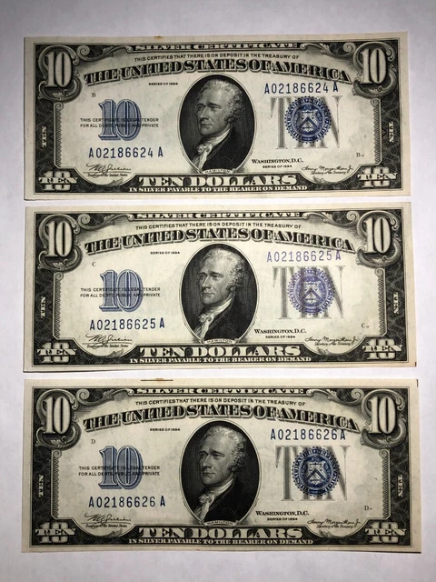 3 CONSECUTIVE 1934 $10 blue seal silver certificates FR1701. Choice CU. #ukr133