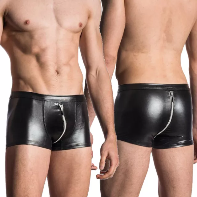 Sexy Mens Underwear Faux Leather Wet Look Zipper Penis Pouch Boxer Briefs Trunks