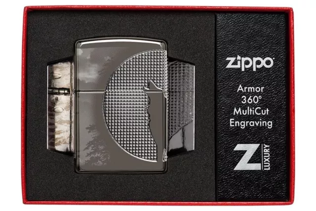 Zippo Windproof ARMOR Lighter HOWLING WOLF MOON 360° MultiCut Black Ice BNIB