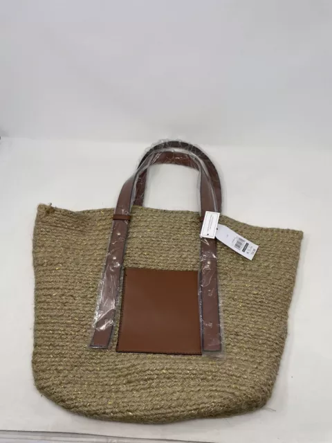 NEW Jute Pocket Tote Shoulder Bag Faux Leather Handles Glitter Straw NWT