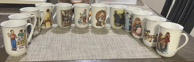 Norman Rockwell Set of 12 Coffee Mugs Cup Gold Trim 70s And 80s