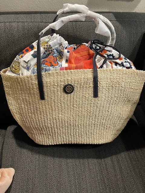 NWT Tory Burch Rattan Pom Pom Beach Straw Natural Vachet Large Tote Bag