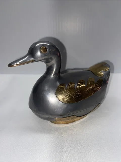 Duck Trinket Box Mid Century Pewter Brass Metal Hand Crafted Vintage 1960s 6"