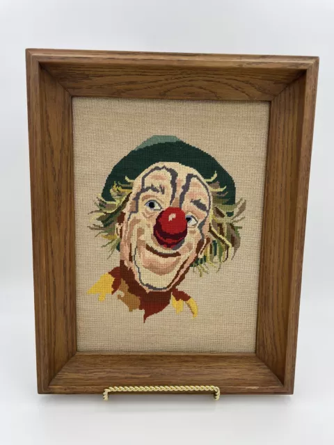 Vintage FRAMED NEEDLEPOINT CROSS STITCH Clown Mid Century MCM.  12” X 16”