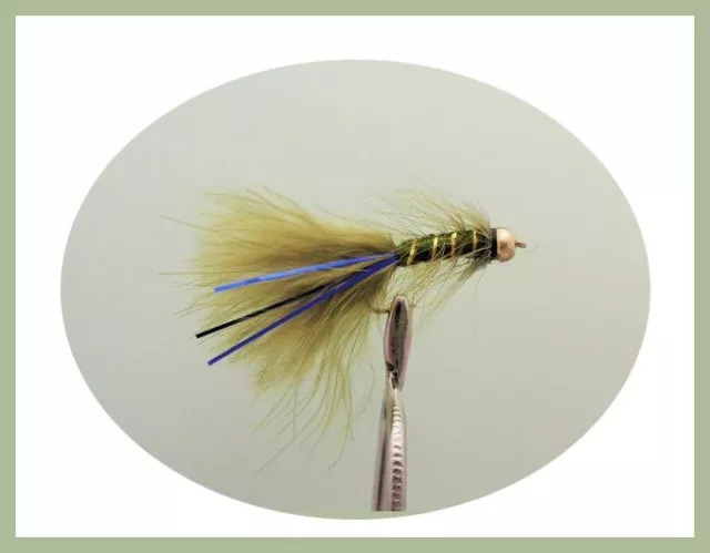 Trout Flies,18 pack Gold head Flash Damsels, Size 10 Black & Olive Fishing Flies 2