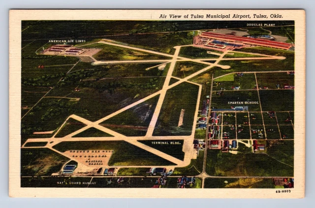 Vintage Tulsa Municipal Airport Tulsa Oklahoma ~ Aerial View Linen Postcard Da