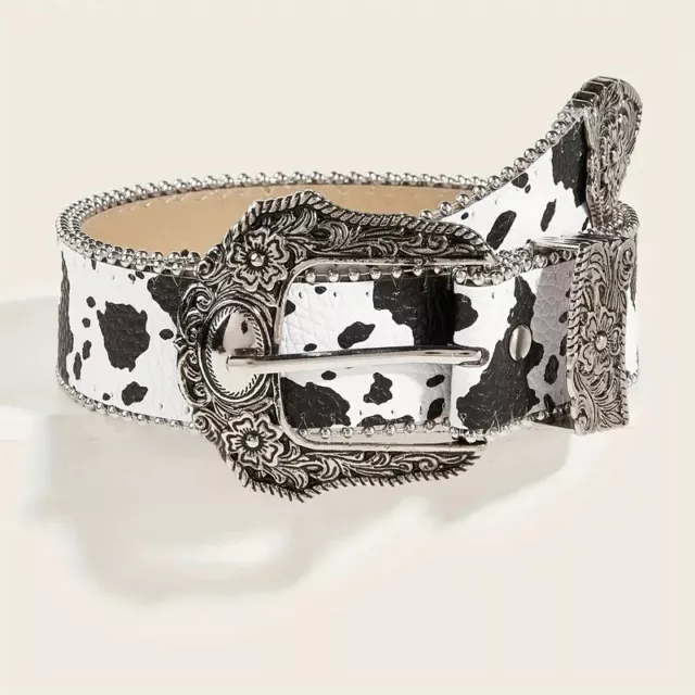 Western Vintage Cow Print Buckle Belt - Studded Cowhide Black & White PU Leather