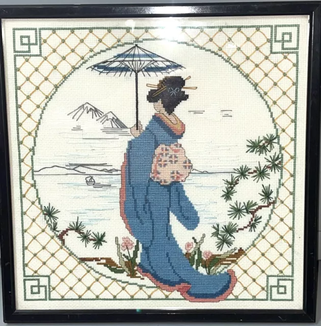 Vintage Framed Wall Art 1984 Cross Stitch Asian Chinoiserie Geisha