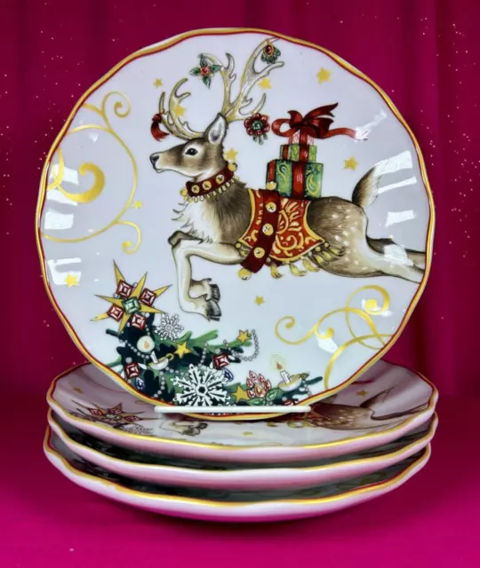 4~Williams Sonoma Twas The Night Before Christmas~Salad Plates~Reindeer