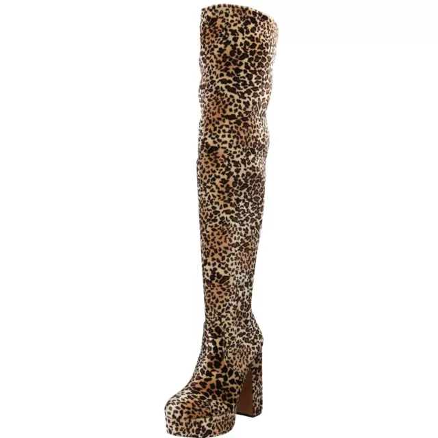 Shellys London Leopard Velvet Over Knee Boots Thigh High Heel Platform Stretchy