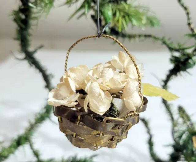 White Fabric Flowers, in Miniature Brass Basket. 1920s German Ornament