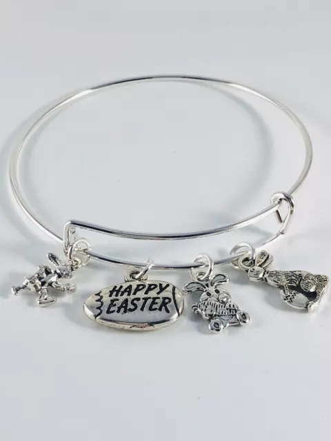 Happy Easter & Bunny Rabbits~So Cute! Silver Tone Charm Bangle Bracelet