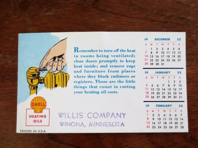 1952 Shell Heating Oils Blotter Calendar Ad Willis Company Winona Minnesota MN