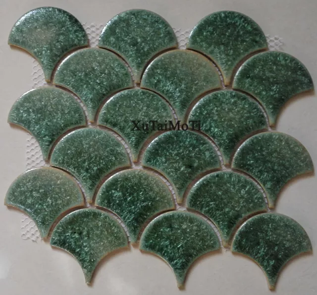 11PCS green ceramic fish scale kitchen backsplash bathroom mosaic wall fan tile