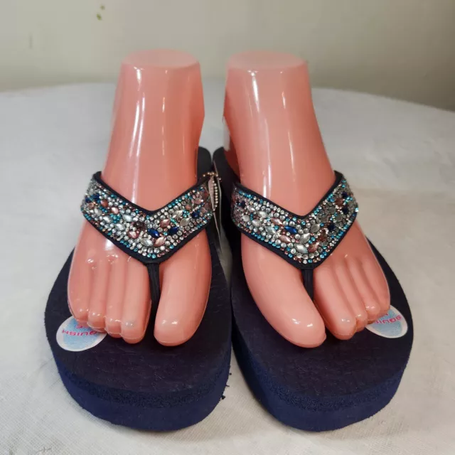 SKECHERS WOMEN'S CALI Yoga Foam Flip Flop Wedge Sandals Blue Navy