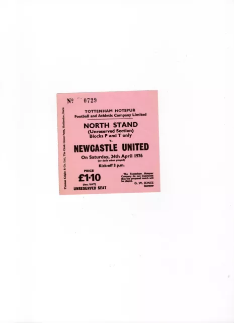 Ticket Tottenham Hotspur v Newcastle United 1975/76