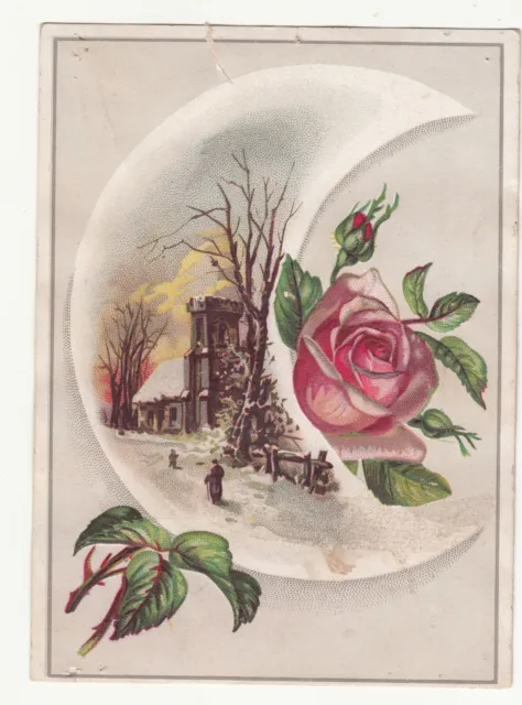 Red Rose House Castle in Snow Glitter Embossed No Advertising Vict Card c1880s