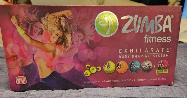 NEW Zumba Fitness Exhilarate Body Shaping System 5 DVDs set with 2 Toning Sticks