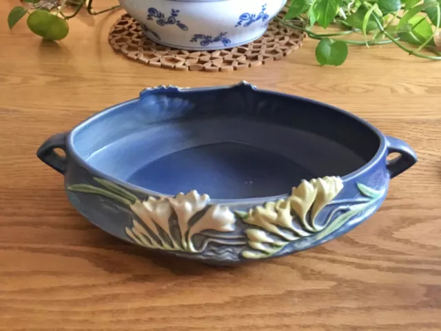 Roseville Pottery Console Bowl #466-10 Teal & Yellow 1940’s SUPERB COND!