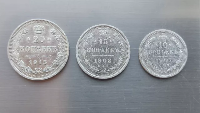 Set 3 Silver coin 10, 15, 20 kopecks 1907-15 Year, Russian Empire