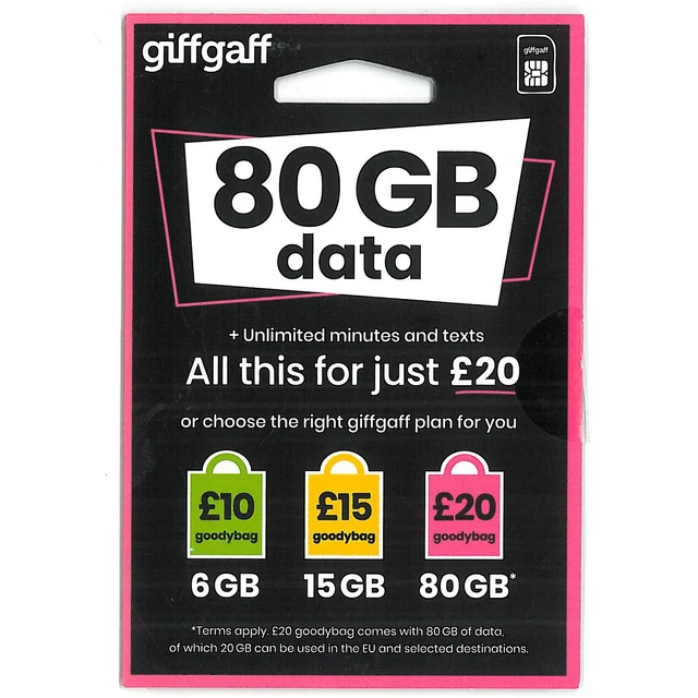 Englisch GIFFGAFF UK SIM Karte NUR MONATLICHE PAKETE
