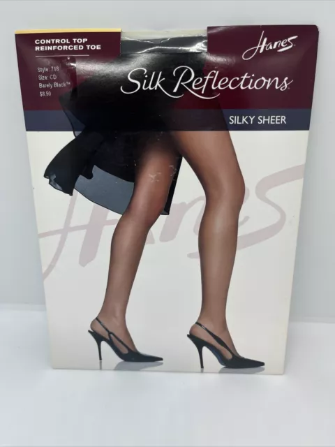 Hanes Silk Reflections Silky Sheer Pantyhose Control Top 718 Sz CD Barely Black